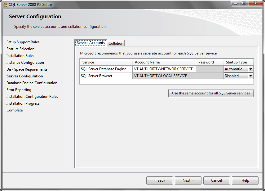 Server Configuration screen